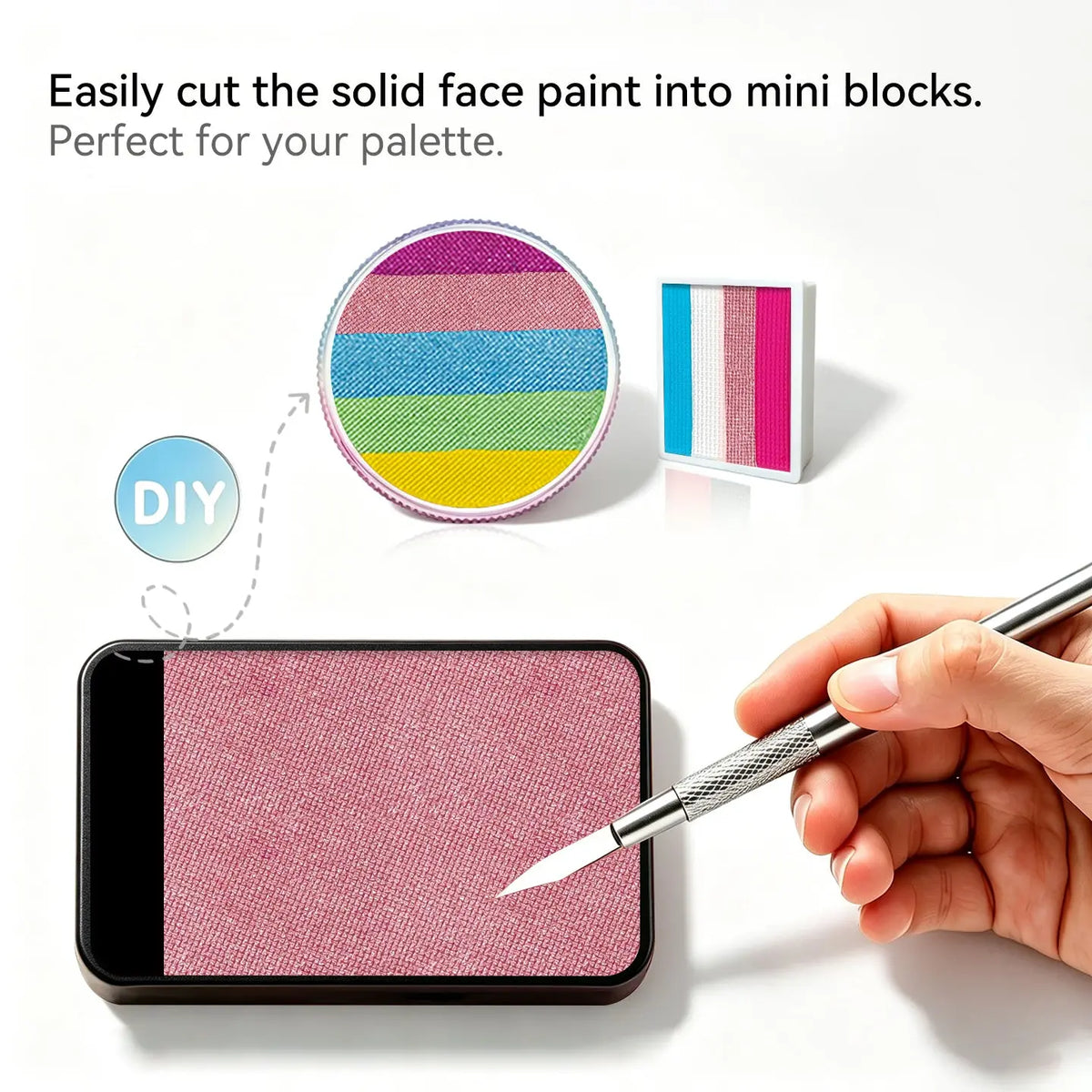 Cut Anka Bella solid pearl coral pink face paint into mini blocks to build custom DIY split cake face paint palette