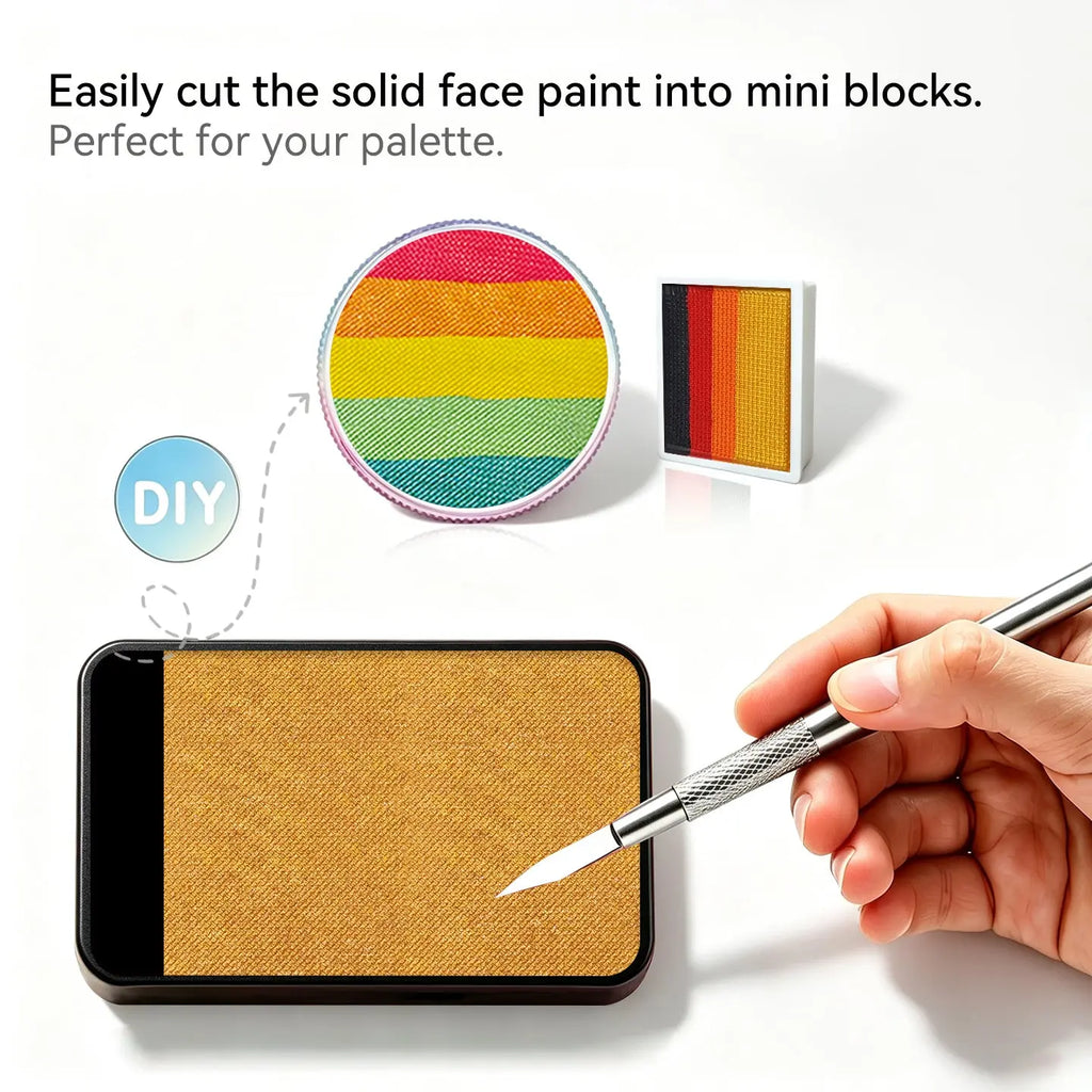 Cut Anka Bella solid pearl gold face paint into mini blocks to build custom DIY split cake face paint palette