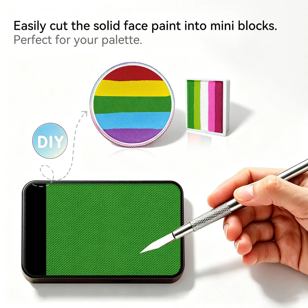 Cut Anka Bella solid matte light green face paint into mini blocks to build custom DIY split‑cake face paint palette