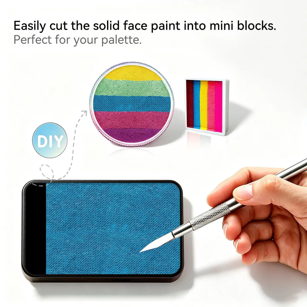 DIY cut Anka Bella solid pearl peacock‑blue face paint into mini blocks to build custom split‑cake face paint palette