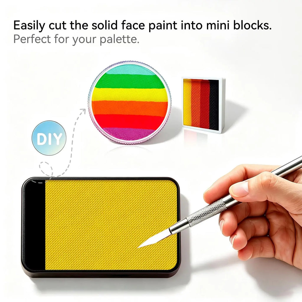 Cut Anka Bella solid UV yellow face paint into mini blocks to build custom DIY split cake face paint palette