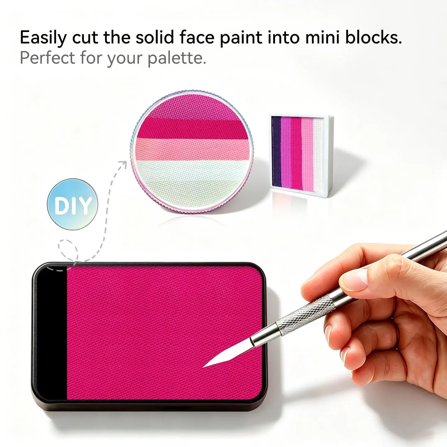 Cut Anka Bella solid UV peach pink face paint into mini blocks to build custom DIY split‑cake face paint palette