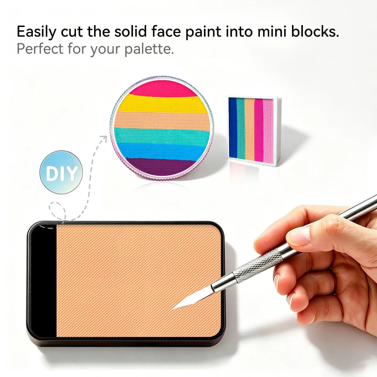DIY cut solid face paint block, Anka Bella matte cream peach face paint for custom palette