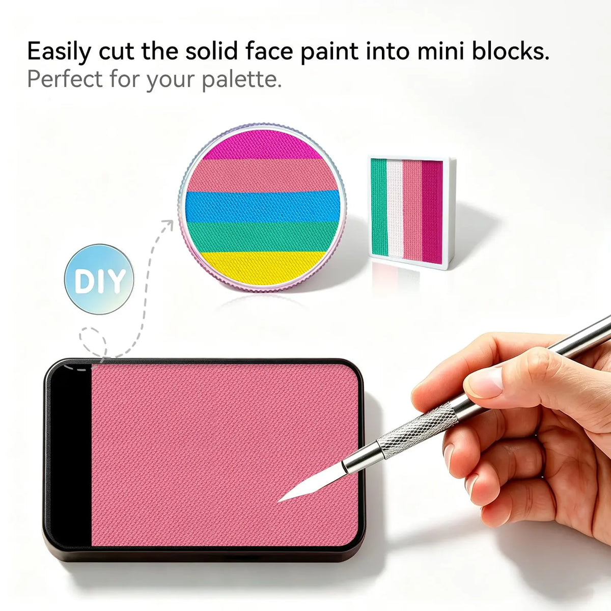 DIY cut solid face paint block, Anka Bella matte light pink face paint for custom palette