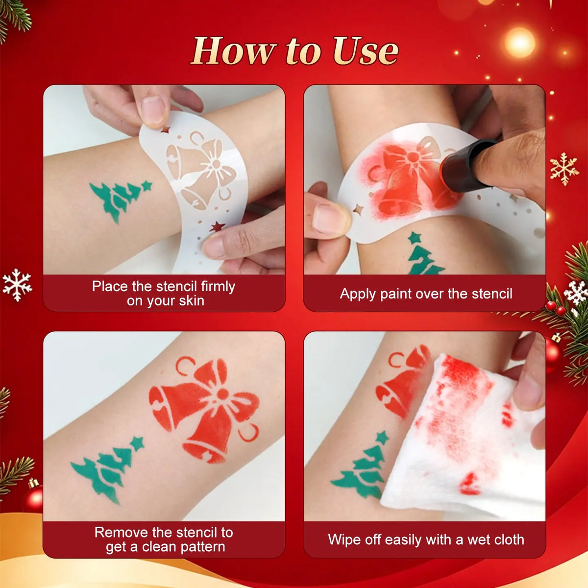 How to use Christmas face paint stencil, easy body art tutorial