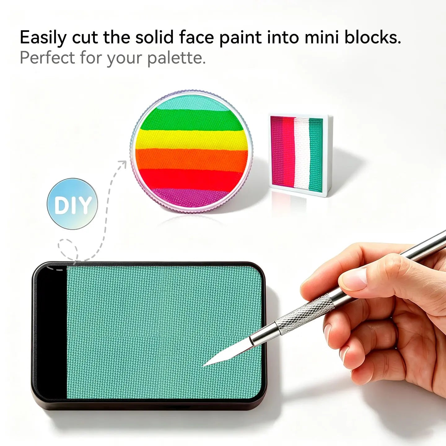 Cut Anka Bella solid UV turquoise face paint into mini blocks to build custom DIY split cake face paint palette