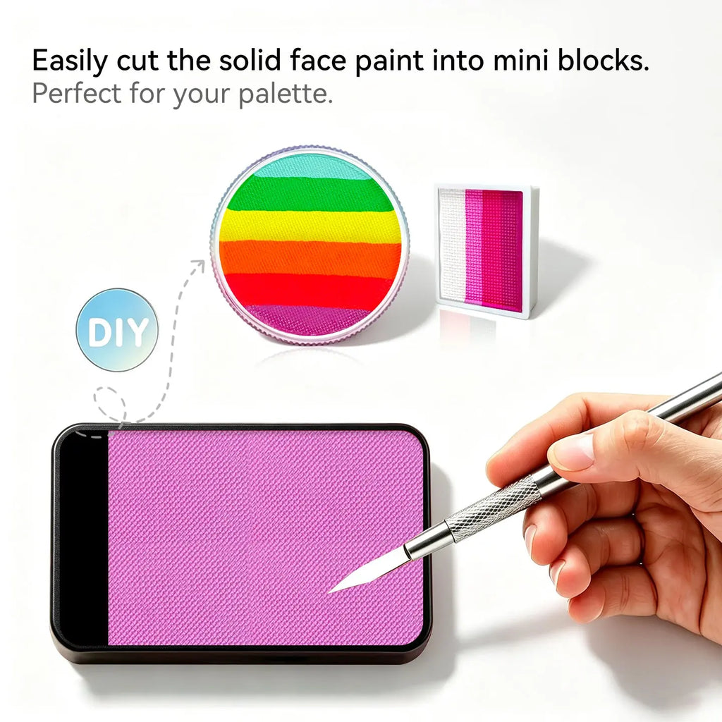 Cut Anka Bella solid UV hot pink face paint into mini blocks to build custom DIY split cake face paint palette