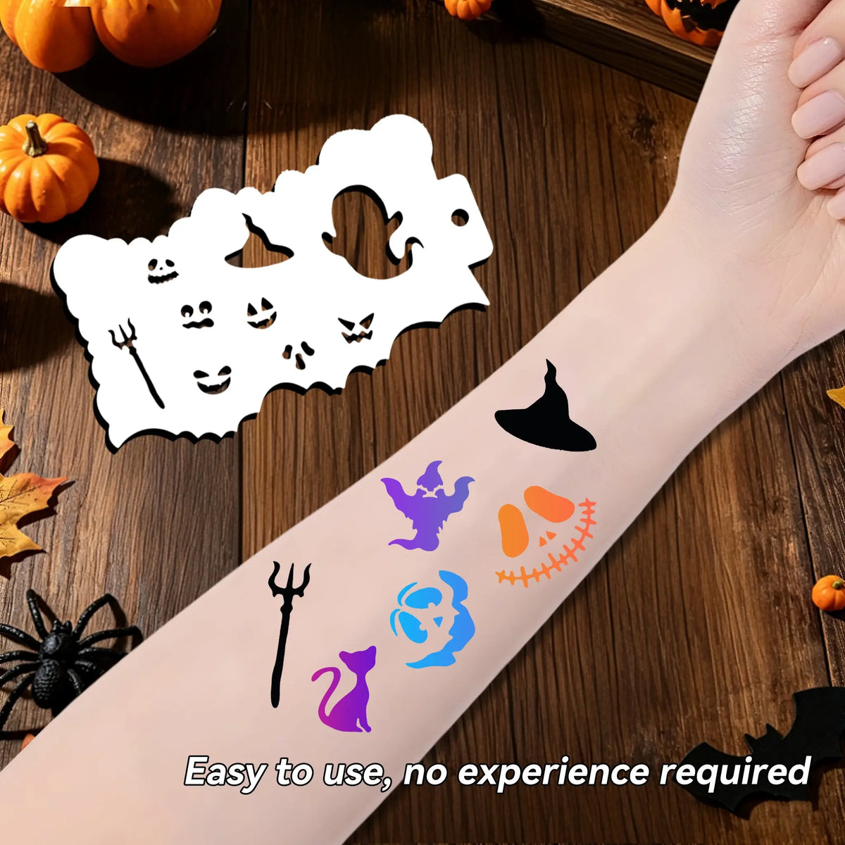 Anka Bella Halloween face paint stencil, arm body paint demo with pumpkin, ghost, witch hat patterns