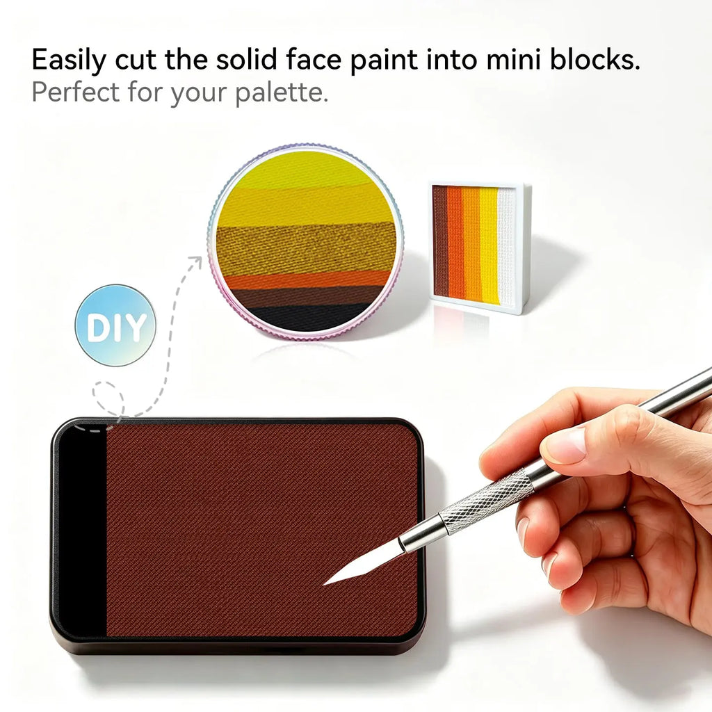 Cut Anka Bella solid matte brown face paint into mini blocks to build custom DIY split‑cake face paint palette