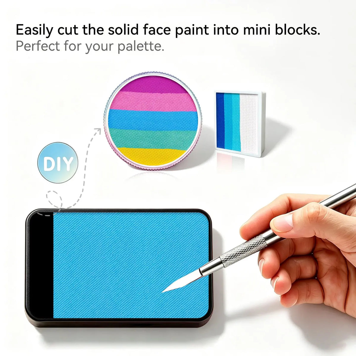 Cut Anka Bella solid UV sky blue face paint into mini blocks to build custom DIY split‑cake face paint palette