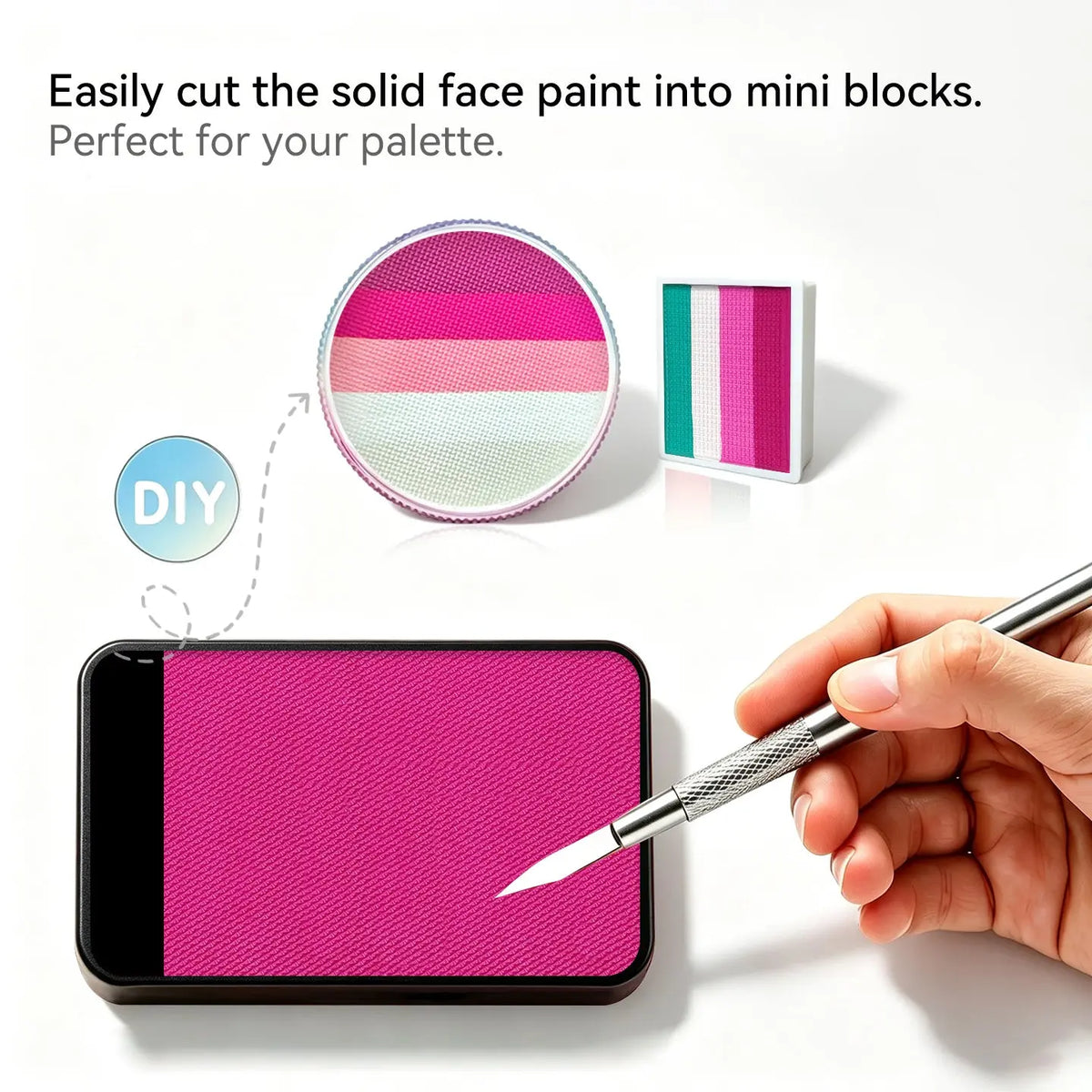 Cut Anka Bella solid matte candy pink face paint into mini blocks to build custom DIY split‑cake face paint palette