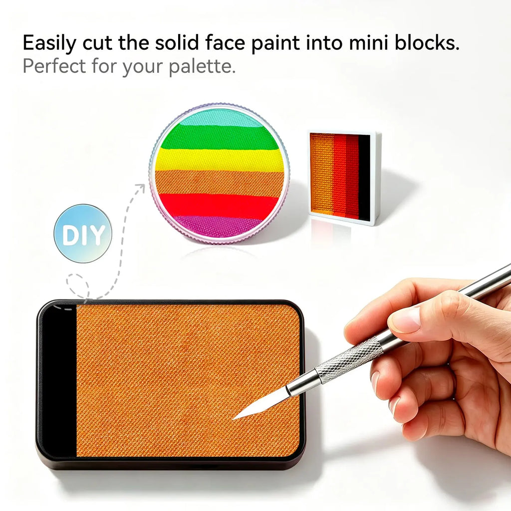 DIY cut Anka Bella solid pearl sunset‑orange face paint into mini blocks to build custom split‑cake face paint palette