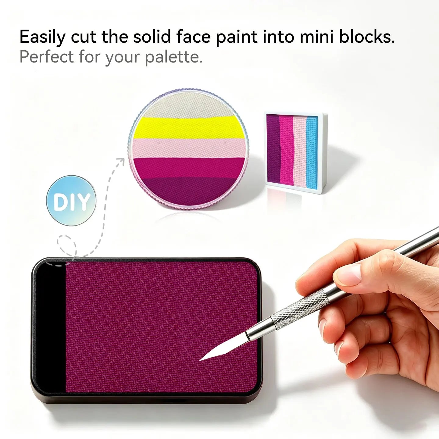 Cut Anka Bella solid matte berry purple face paint into mini blocks to build custom DIY split‑cake face paint palette