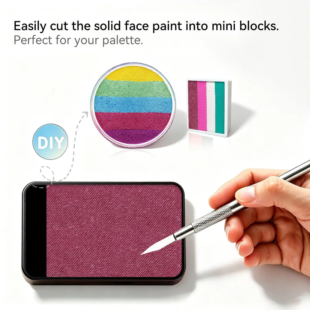 Cut Anka Bella solid pearl brown face paint into mini blocks to build custom DIY split cake face paint palette