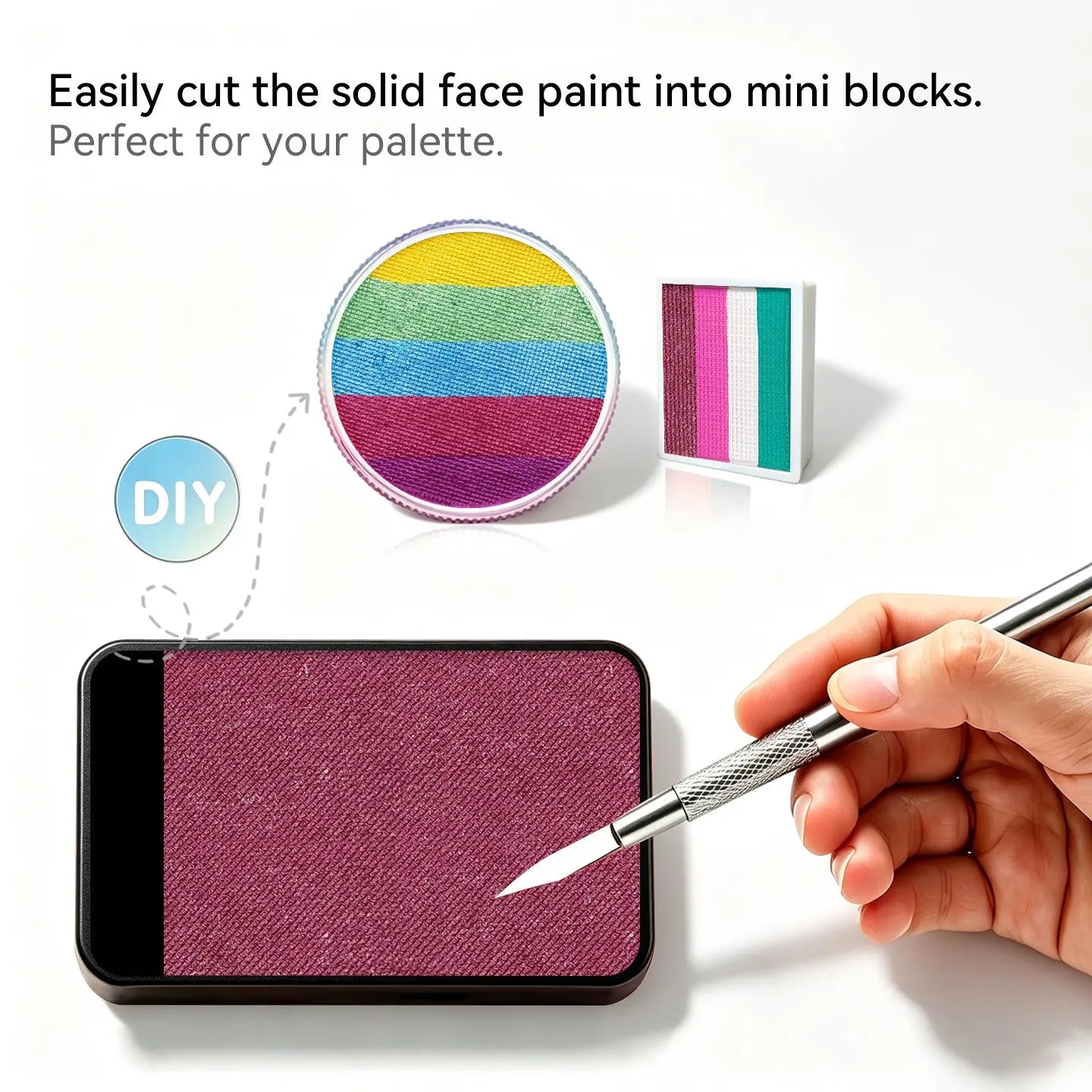 Cut Anka Bella solid pearl brown face paint into mini blocks to build custom DIY split cake face paint palette