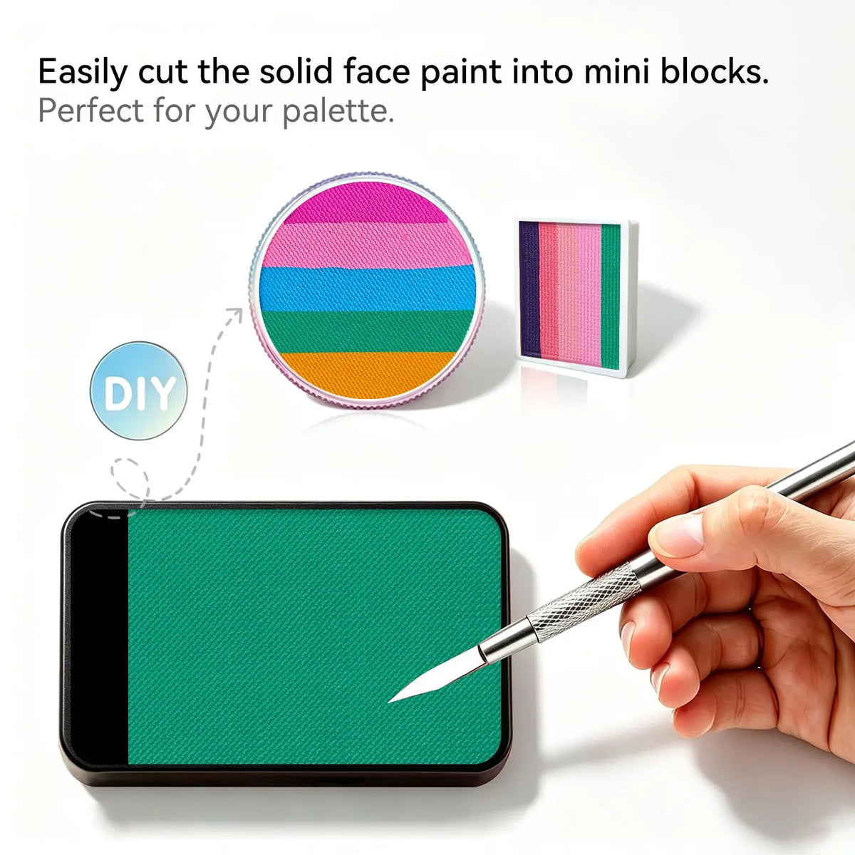 DIY cut solid face paint block, Anka Bella matte turquoise face paint for custom palette