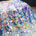Anka Bella iridescent sequin tablecloth material detail, sparkly holographic mermaid scale fabric, lightweight decorative party table cover
