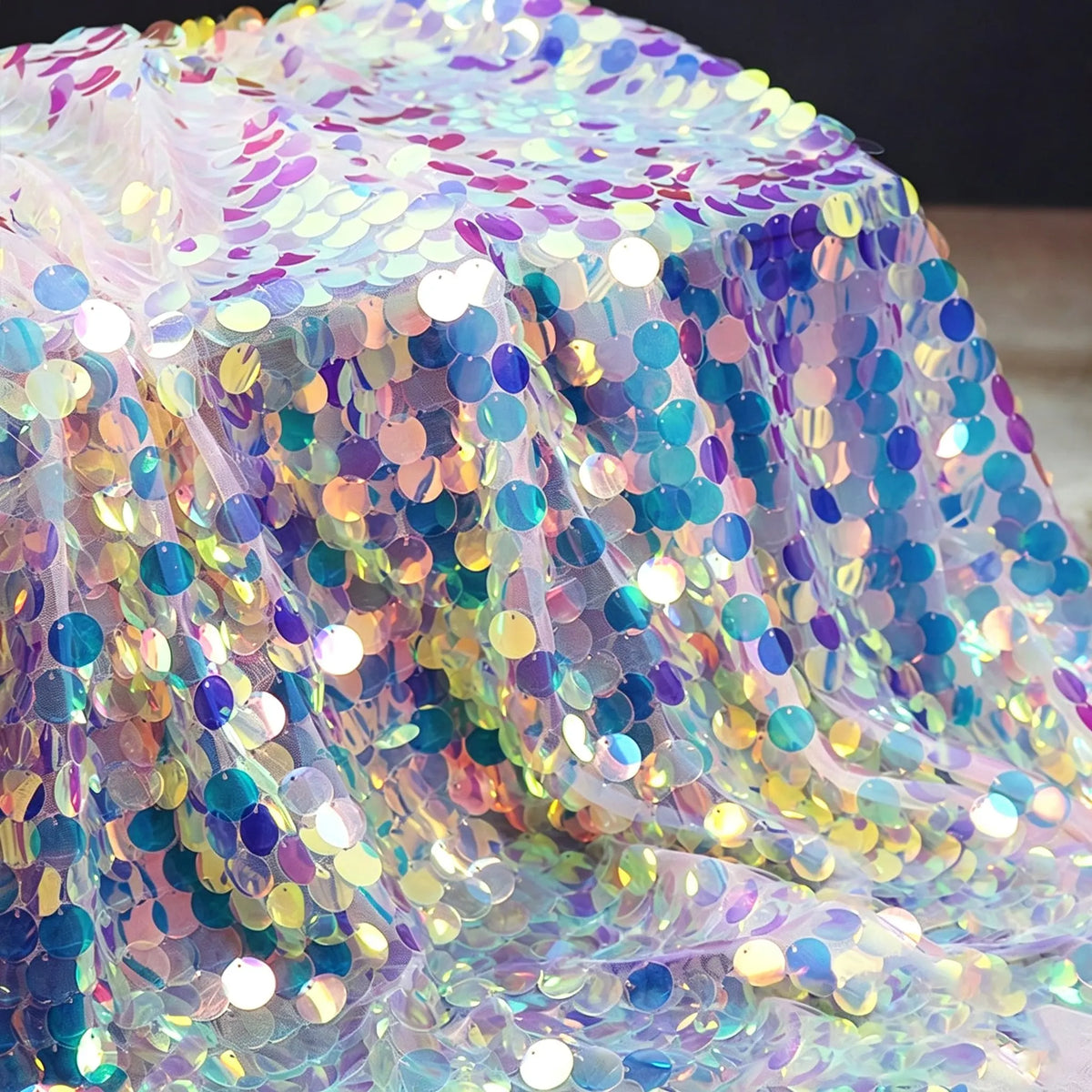 Anka Bella iridescent sequin tablecloth material detail, sparkly holographic mermaid scale fabric, lightweight decorative party table cover