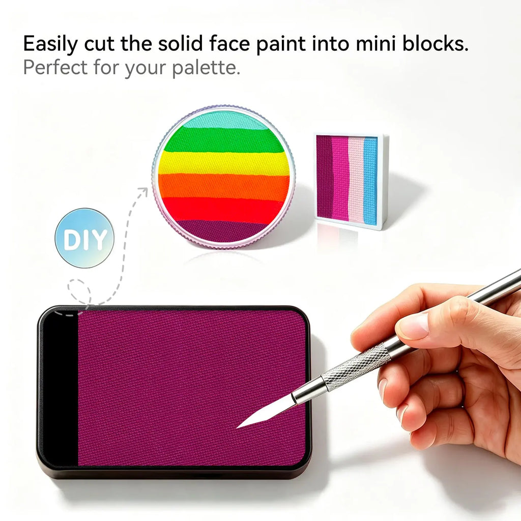Cut Anka Bella solid matte mulberry face paint into mini blocks to build custom DIY split‑cake face paint palette