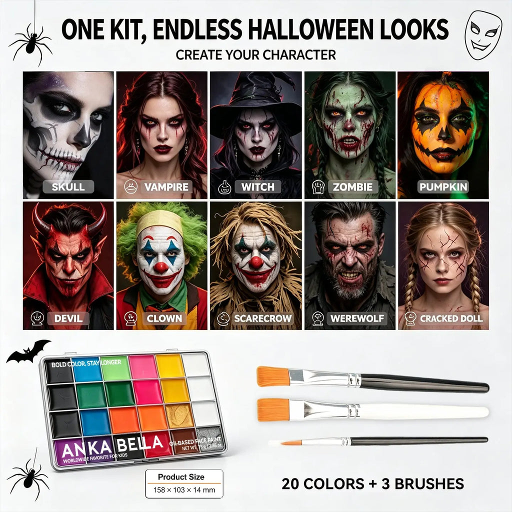 Anka Bella oil face paint multiple Halloween makeup looks, skull, vampire, witch, zombie, clown character body art examples