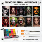 Anka Bella oil face paint multiple Halloween makeup looks, skull, vampire, witch, zombie, clown character body art examples