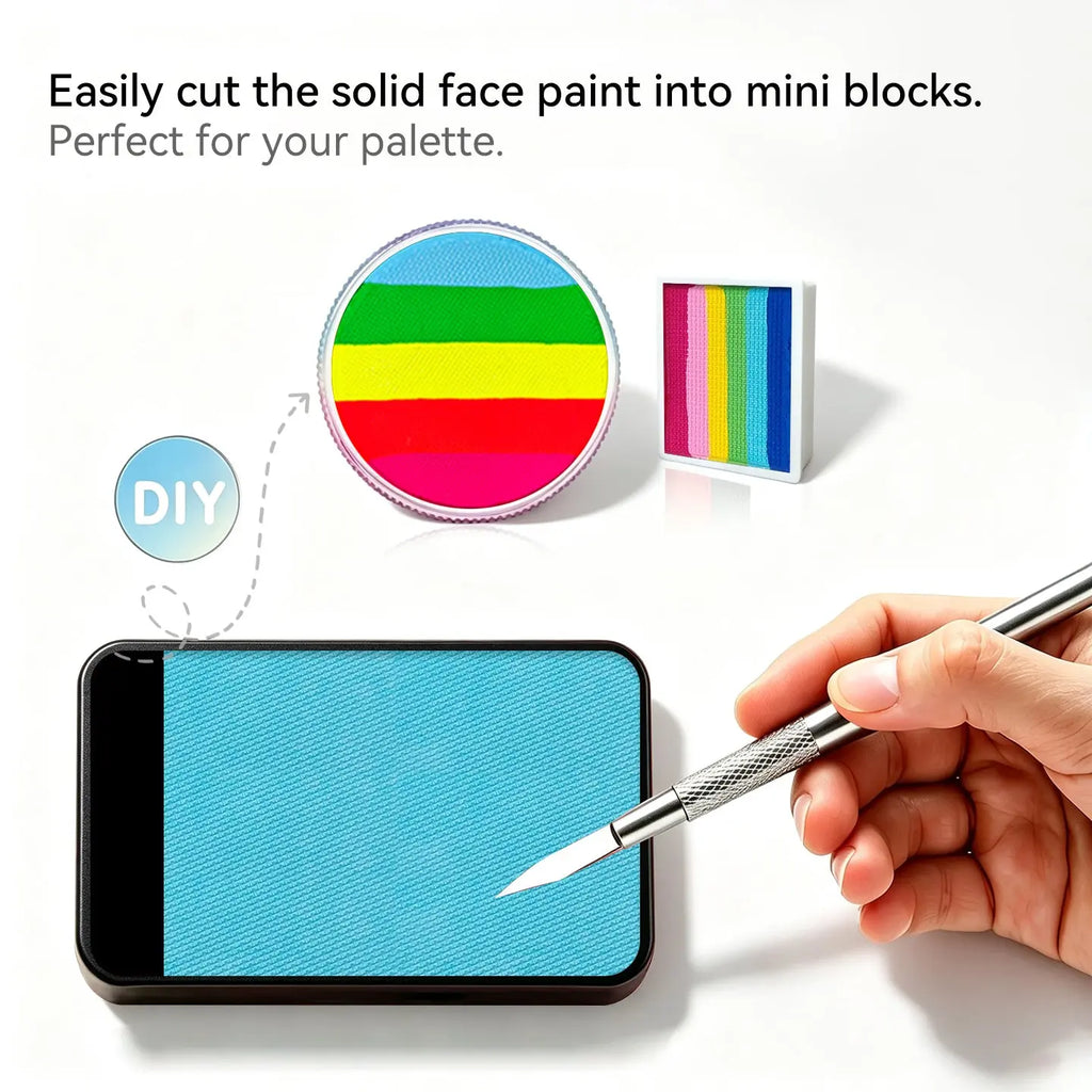 Cut Anka Bella solid matte aqua sky face paint into mini blocks to build custom DIY split‑cake face paint palette