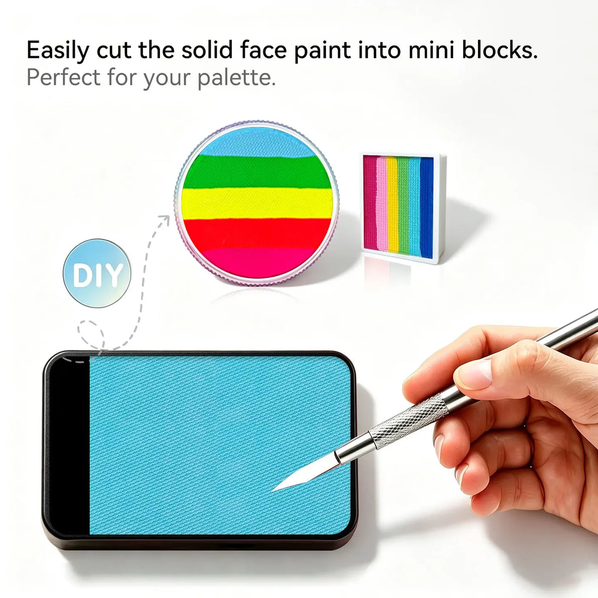Cut Anka Bella solid matte aqua sky face paint into mini blocks to build custom DIY split‑cake face paint palette