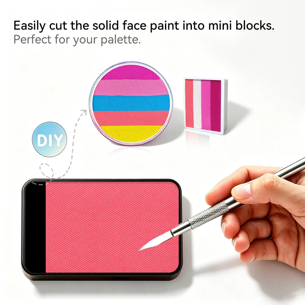 DIY cut solid face paint block, Anka Bella matte grapefruit red face paint for custom palette