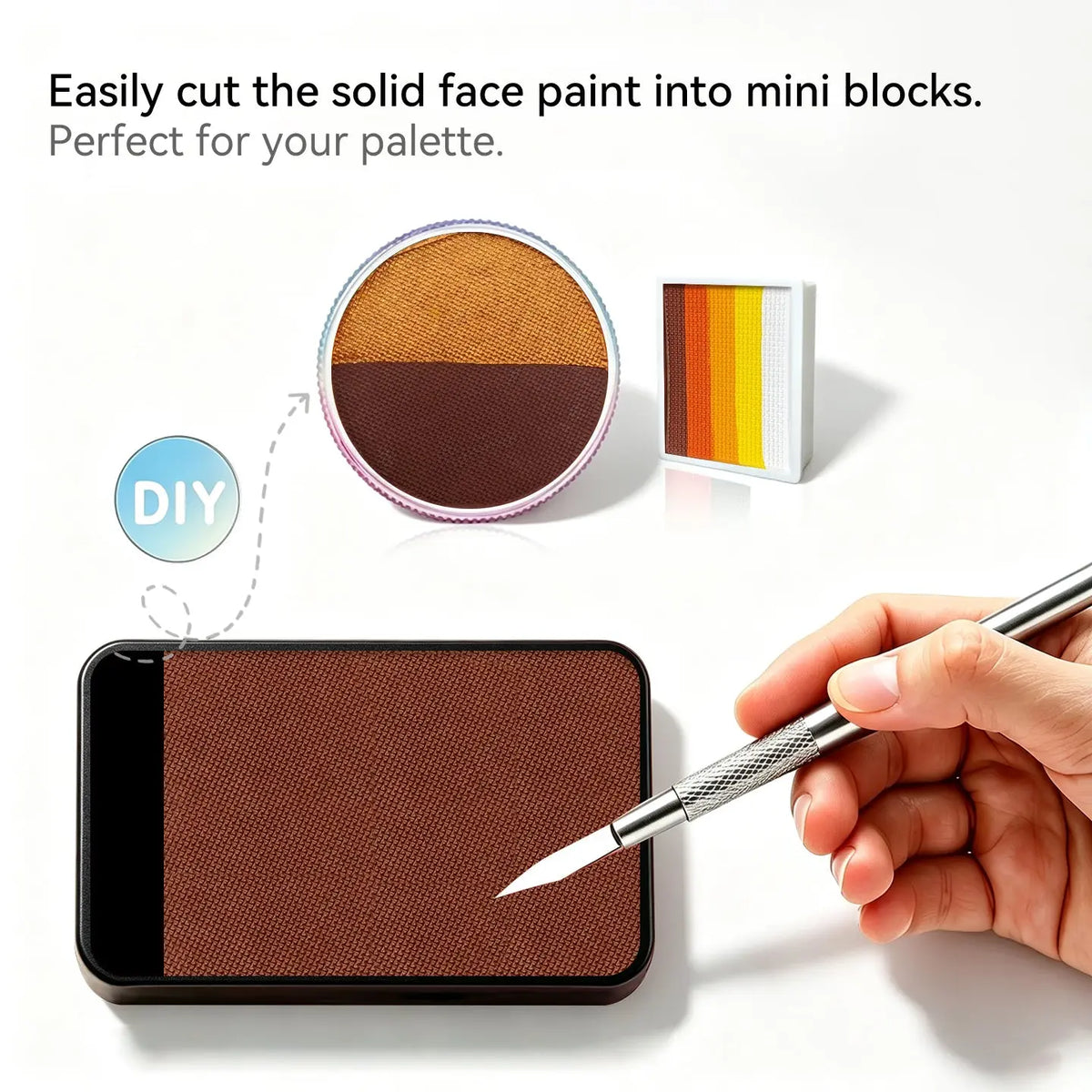 Cut Anka Bella solid matte coffee face paint into mini blocks to build custom DIY split‑cake face paint palette