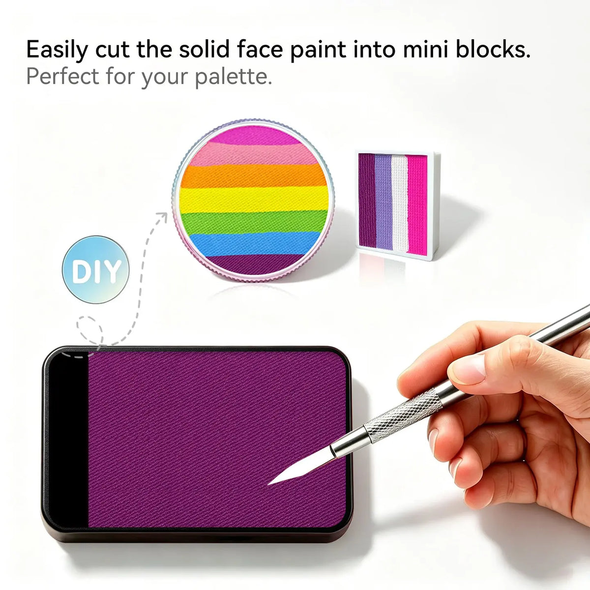 DIY cut solid face paint block, Anka Bella matte light magenta face paint for custom palette

