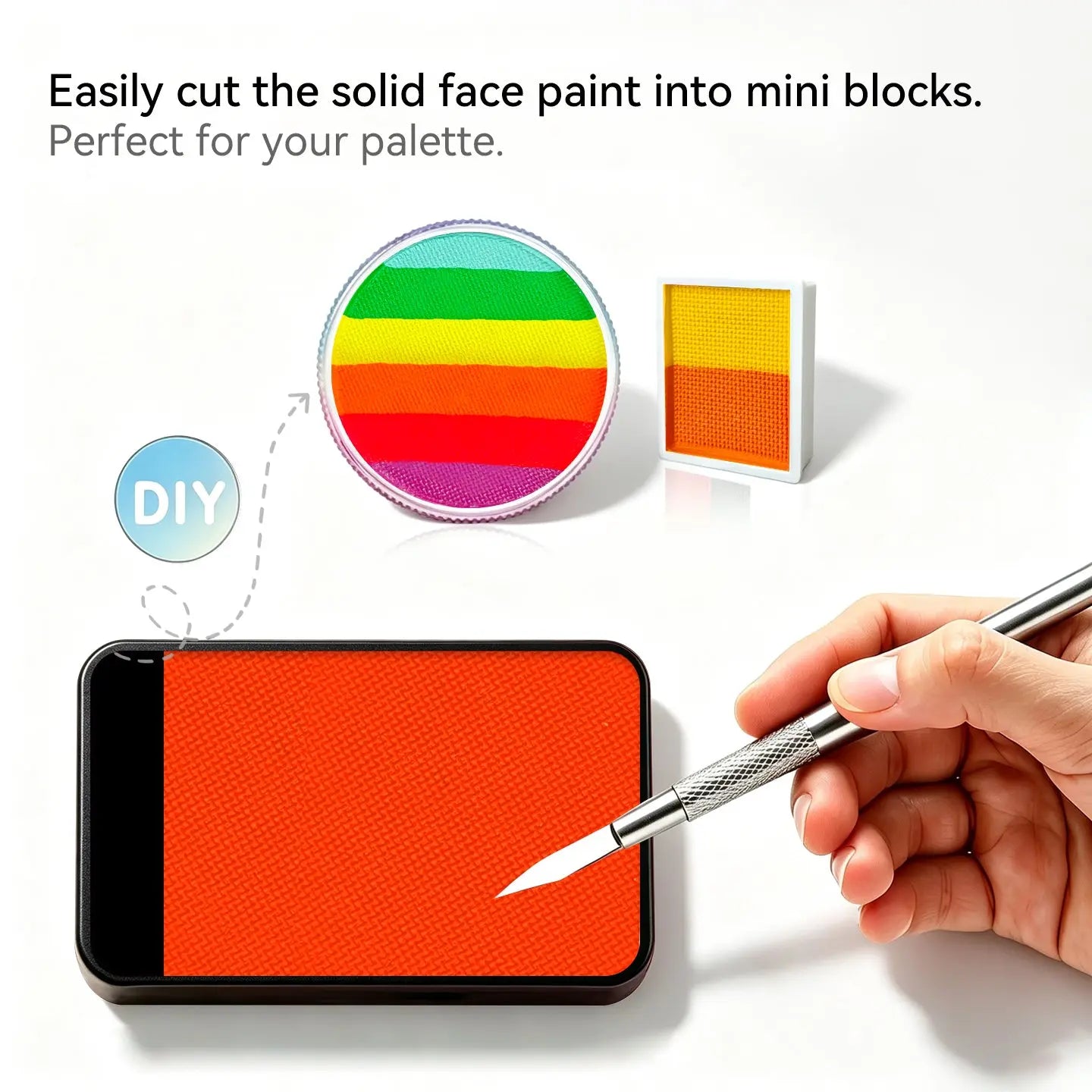 DIY cut Anka Bella solid face paint into mini blocks to build custom face paint palette