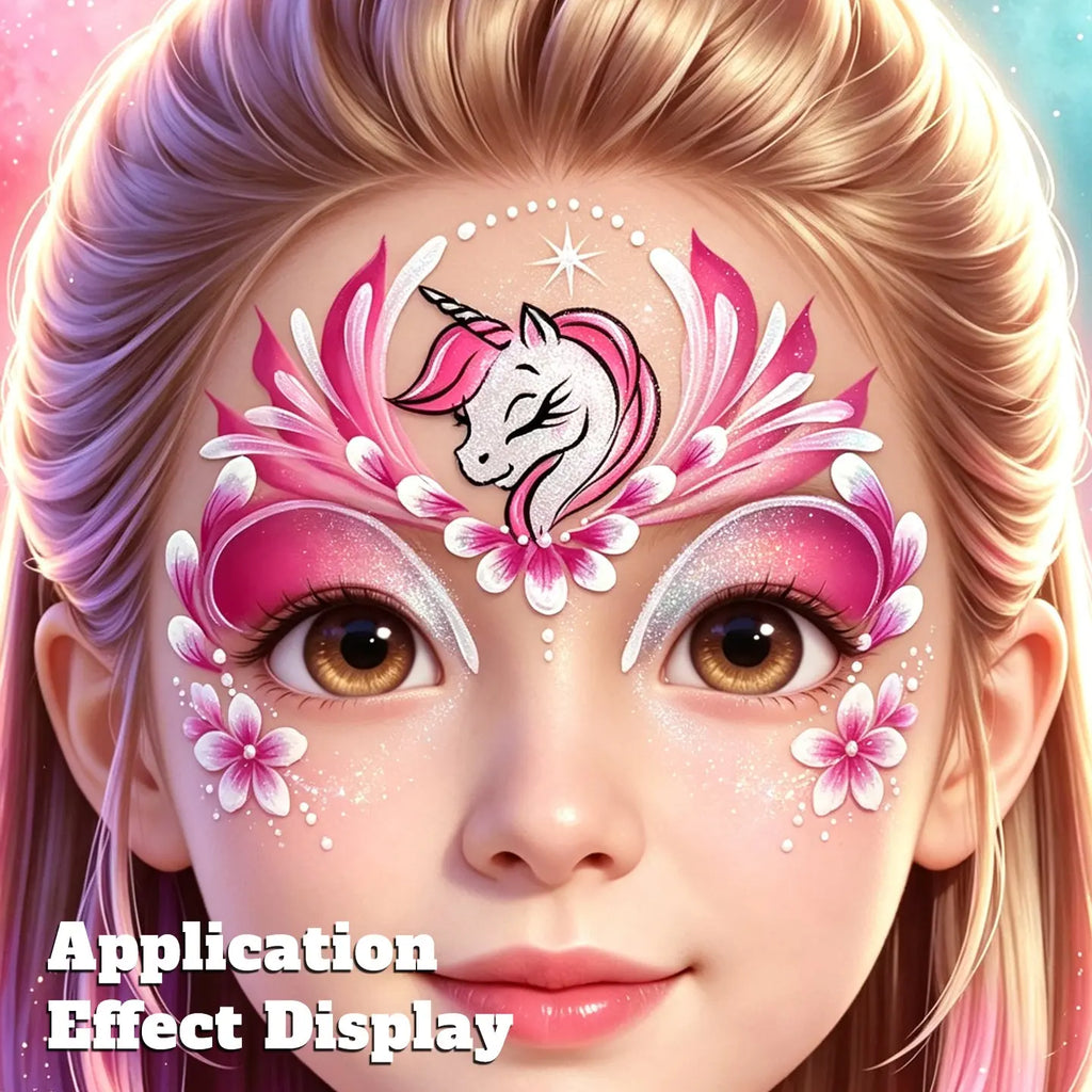 Unicorn face paint design demo on AnkaBella practice board, face painting artwork display.