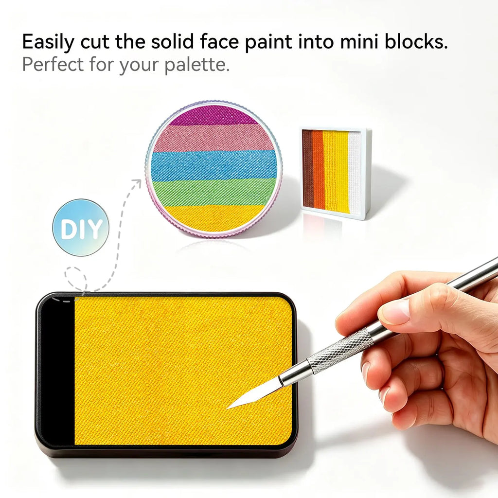 DIY cut Anka Bella solid pearl honey‑yellow face paint into mini blocks to build custom split‑cake face paint palette