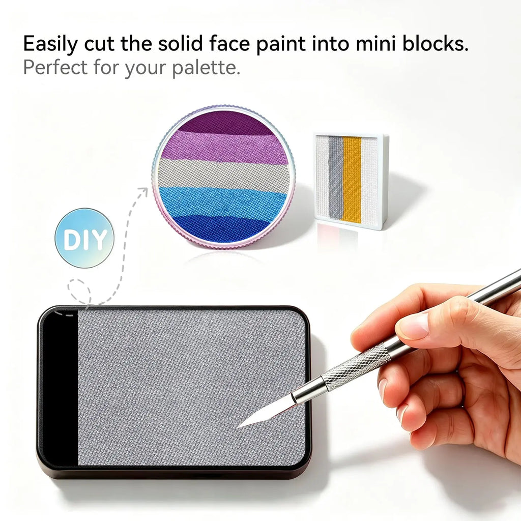 DIY cut Anka Bella solid pearl silver‑gray face paint into mini blocks to build custom split‑cake face paint palette