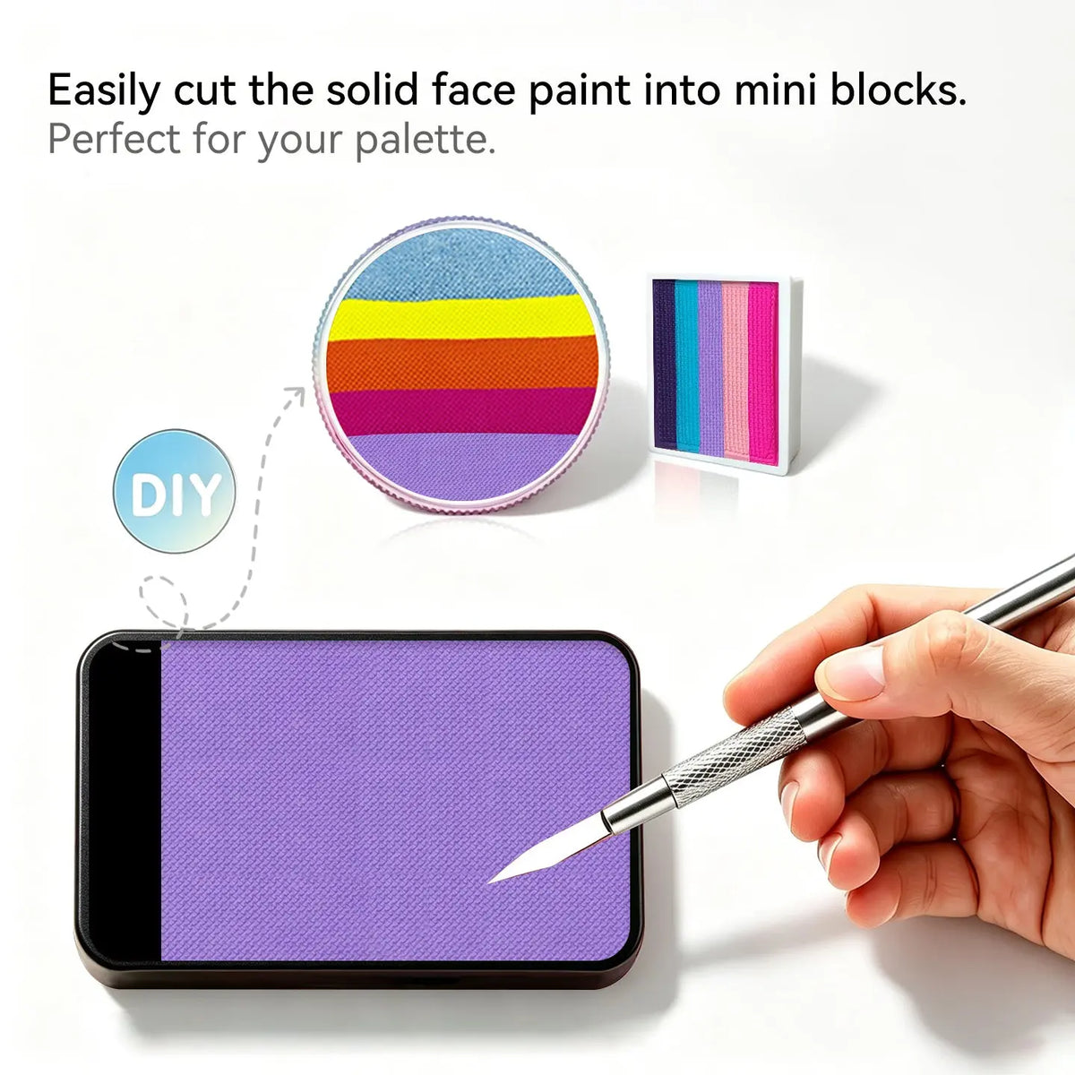 DIY cut solid face paint block, Anka Bella matte violet face paint for custom palette