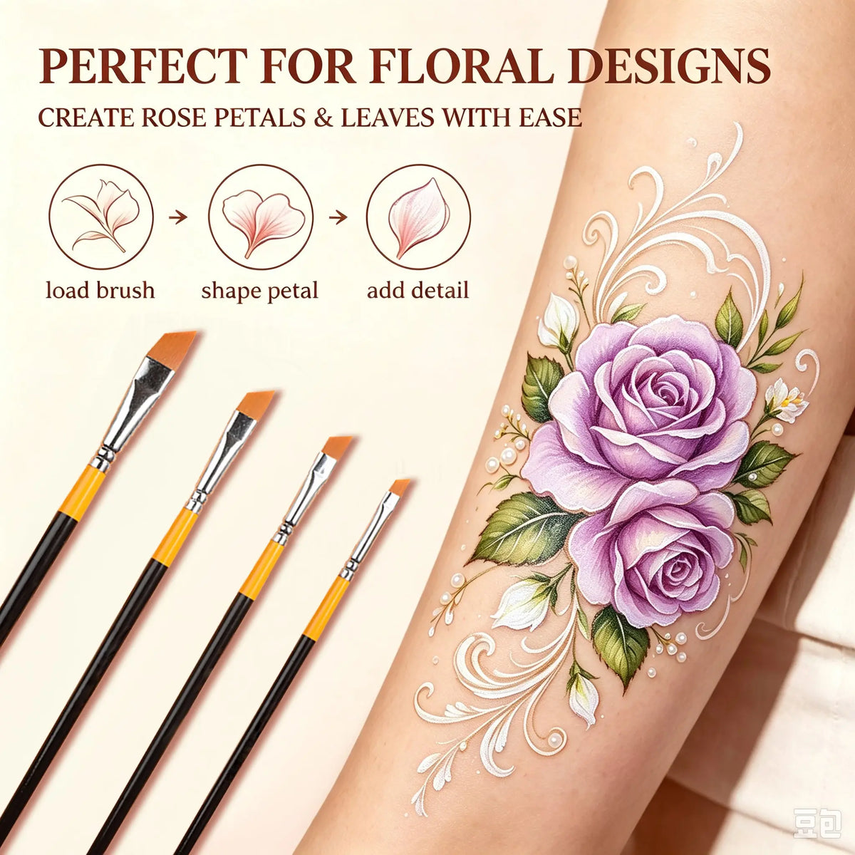 Anka Bella floral angle brush set, face paint rose design on hand with clear sharp edges