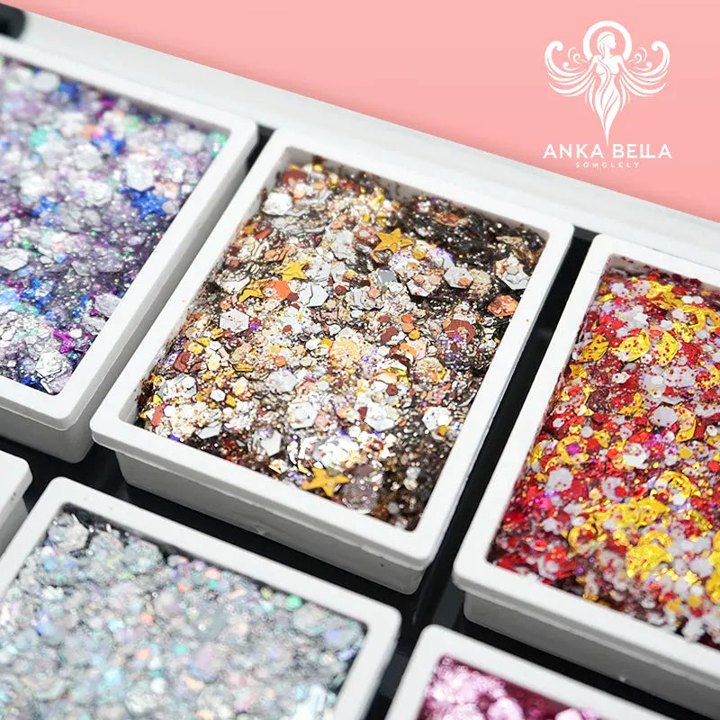 Anka Bella mixed star shape chunky glitter close-up, multi-color cosmetic glitter for party makeup