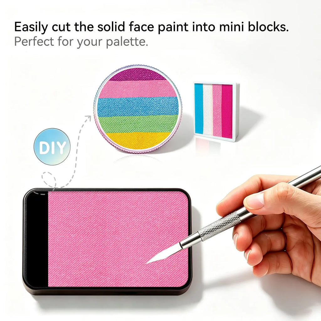 Cut Anka Bella solid pearl candy pink face paint into mini blocks to build custom DIY split cake face paint palette
