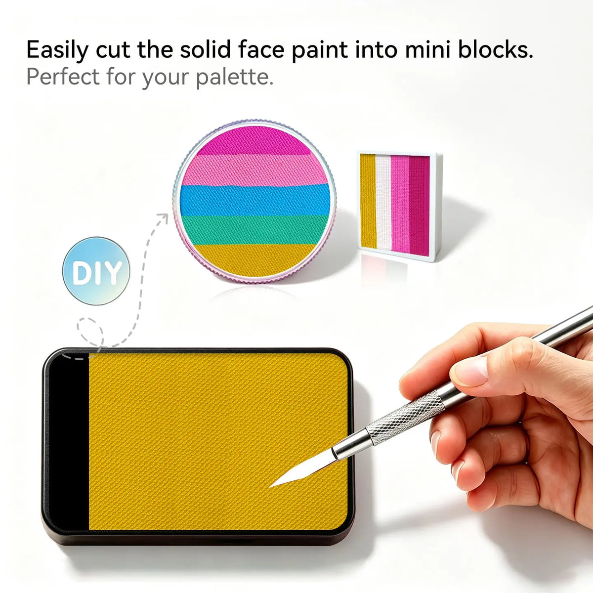 DIY cut solid face paint block, Anka Bella matte mustard yellow face paint for custom palette