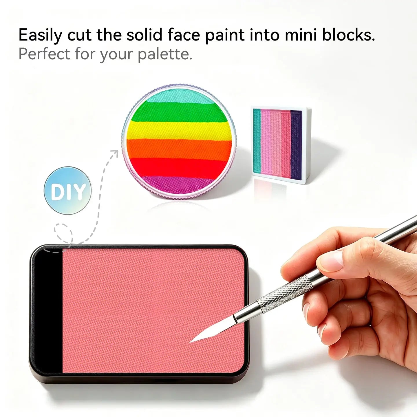 DIY cut Anka Bella solid face paint into mini blocks to build custom split‑cake face paint palette