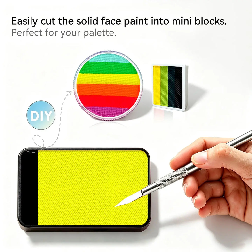 Cut Anka Bella solid UV yellow face paint into mini blocks to build custom DIY split cake face paint palette