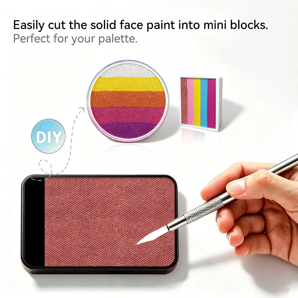 DIY cut Anka Bella solid pearl reddish‑brown face paint into mini blocks to build custom split‑cake face paint palette