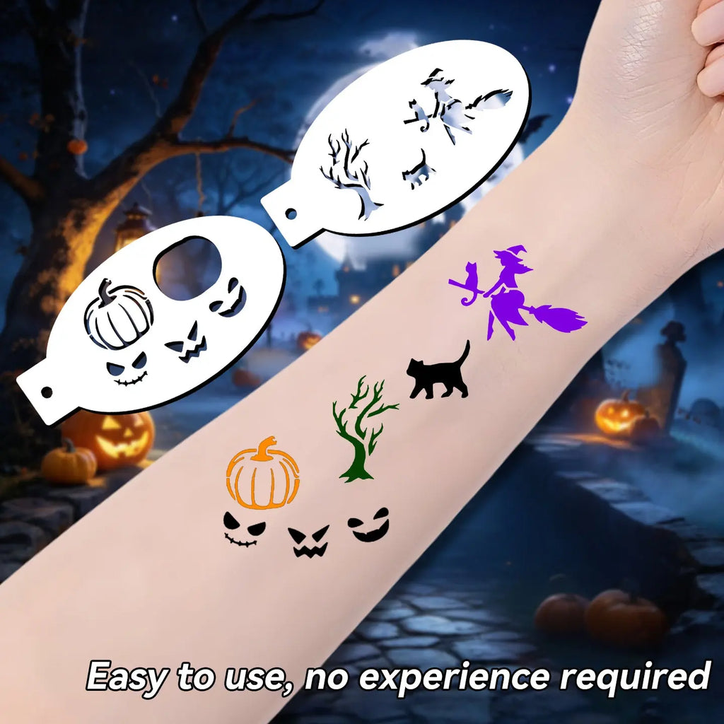 Anka Bella Halloween face paint stencils on arm demo, pumpkin witch cat tree face painting template