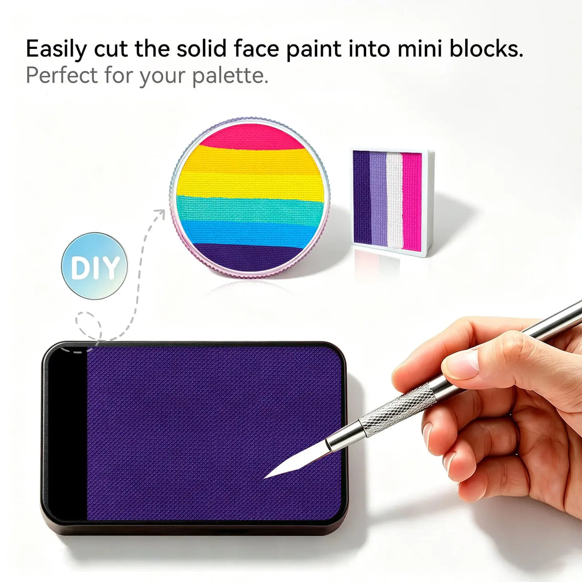 DIY cut solid face paint block, Anka Bella matte deep purple face paint for custom palette