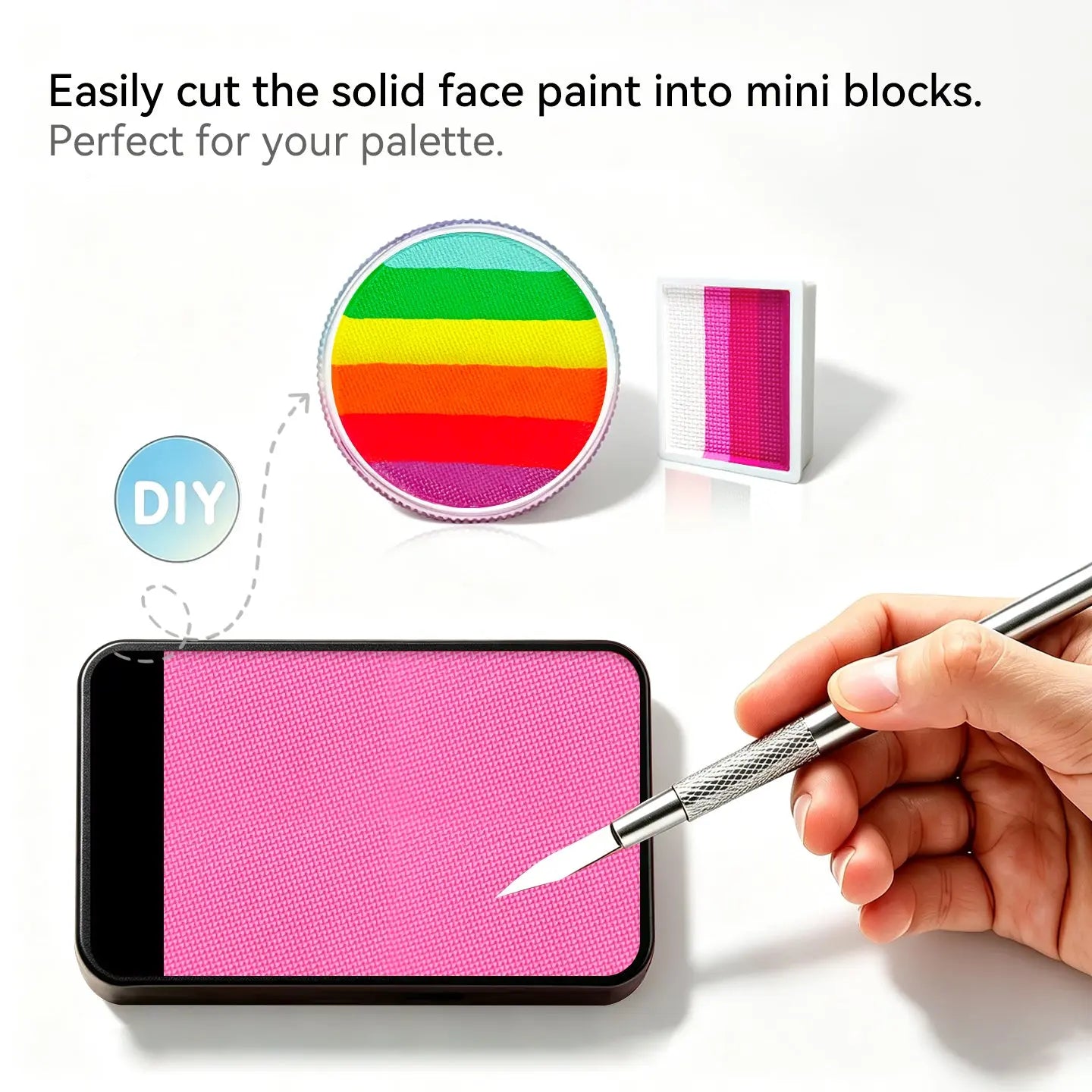 DIY cut Anka Bella solid face paint into mini blocks to build custom face paint palette