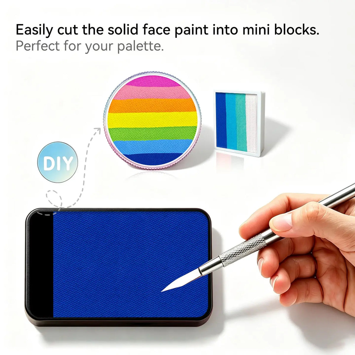 Cut Anka Bella solid matte royal blue face paint into mini blocks to build custom DIY split‑cake face paint palette