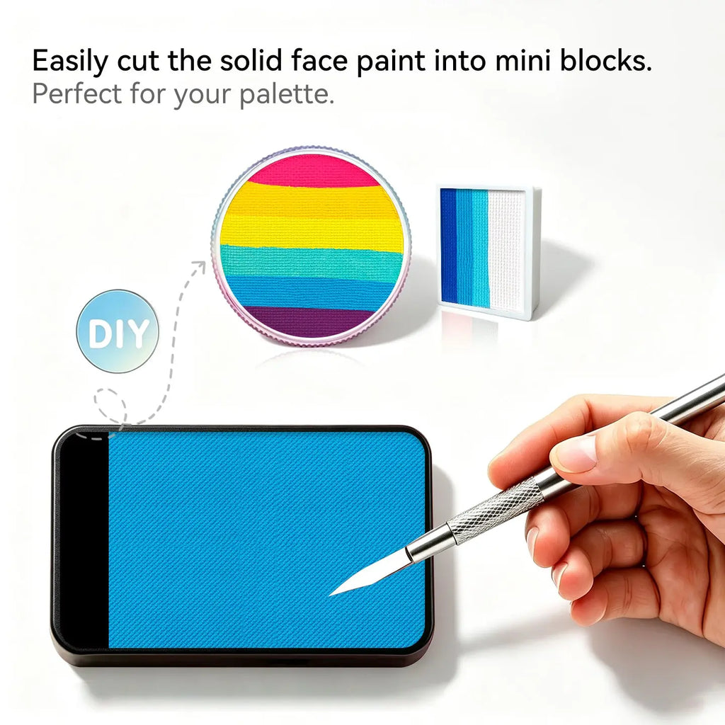 Cut Anka Bella solid matte sky blue face paint into mini blocks to build custom DIY split‑cake face paint palette