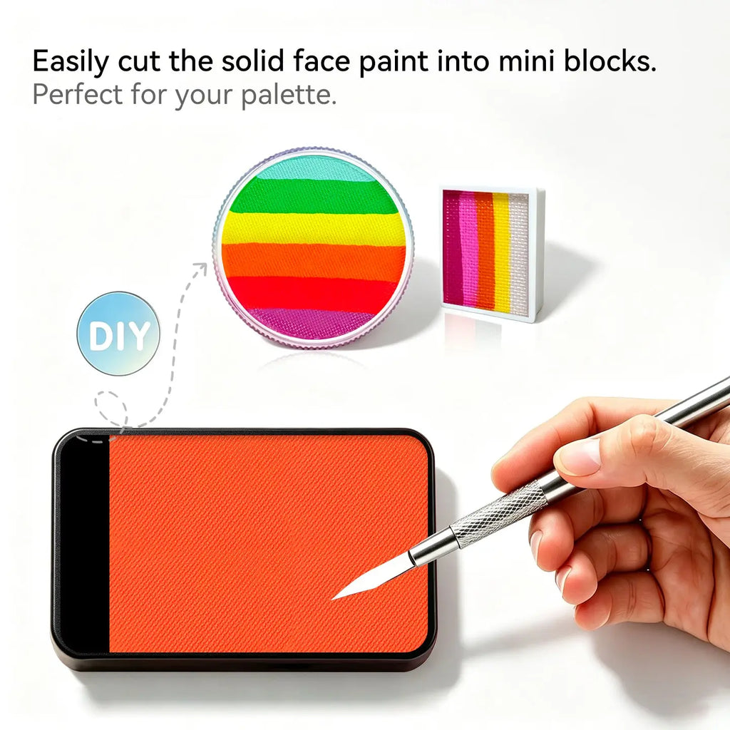 Cut Anka Bella solid UV candy orange face paint into mini blocks to build custom DIY split cake face paint palette
