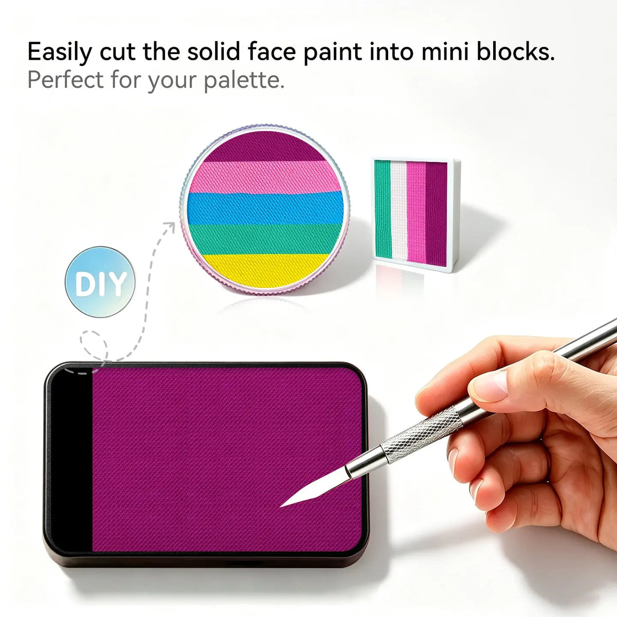 DIY cut solid face paint block, Anka Bella matte fuchsia face paint for custom palette
