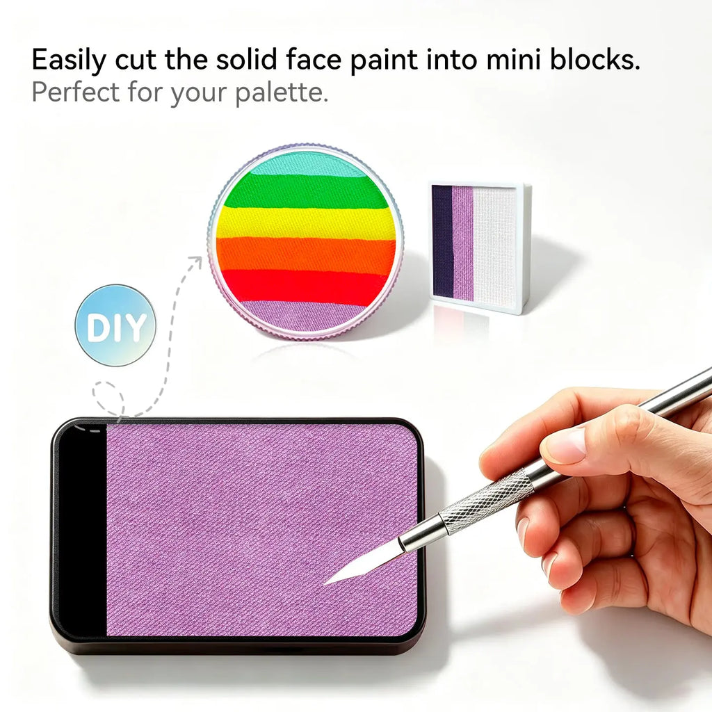 DIY cut Anka Bella solid pearl orchid face paint into mini blocks to build custom split‑cake face paint palette